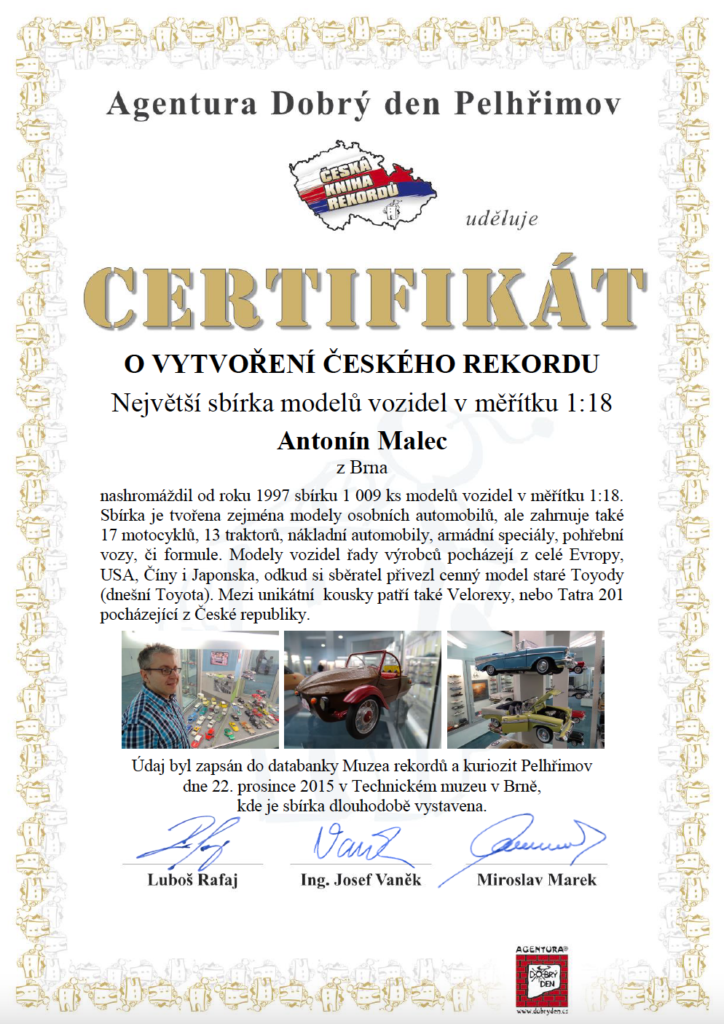 Certifikát o vytvoření českého rekordu